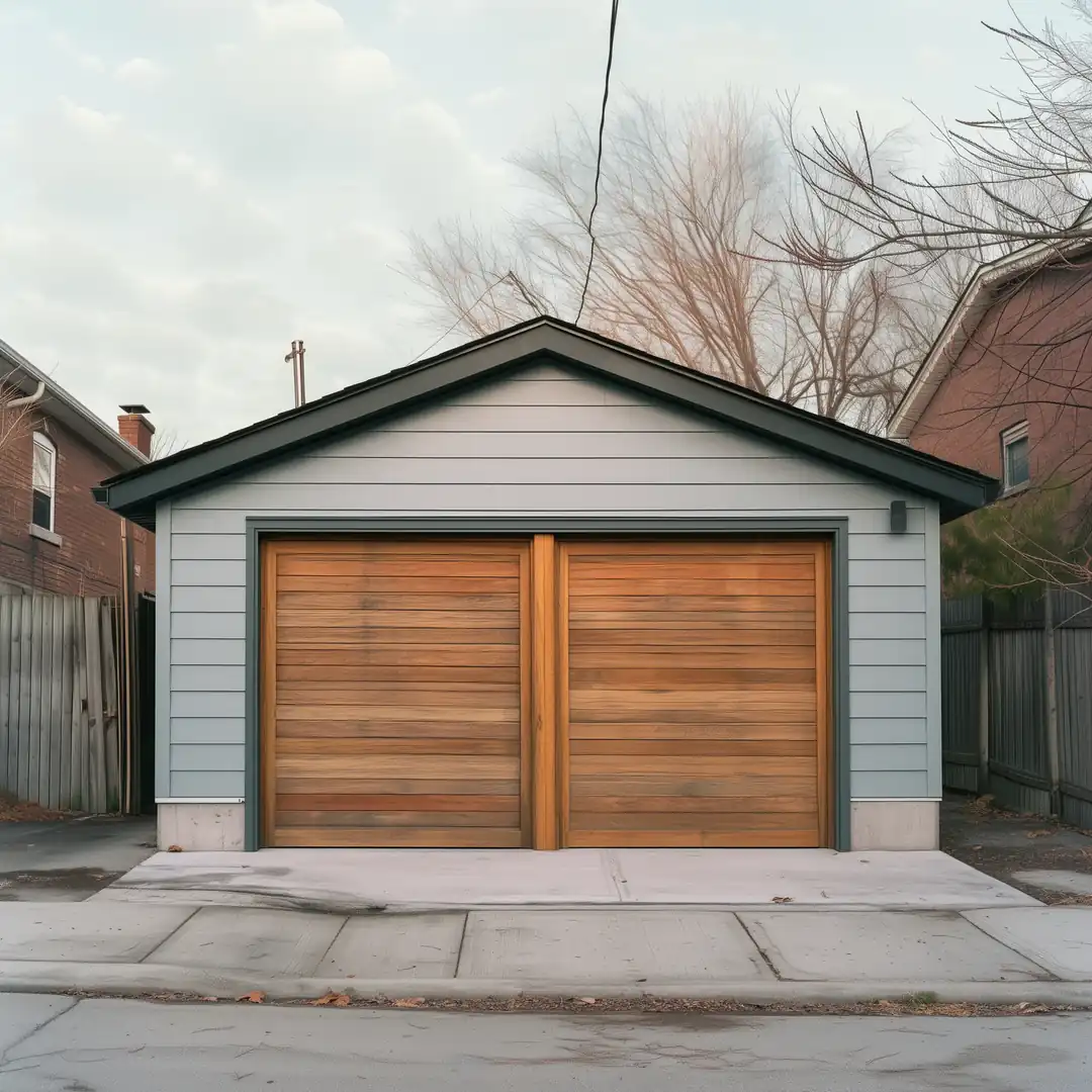New two-car detached garage with grey fibre cement siding and a double garage door on the same Toronto laneway lot
