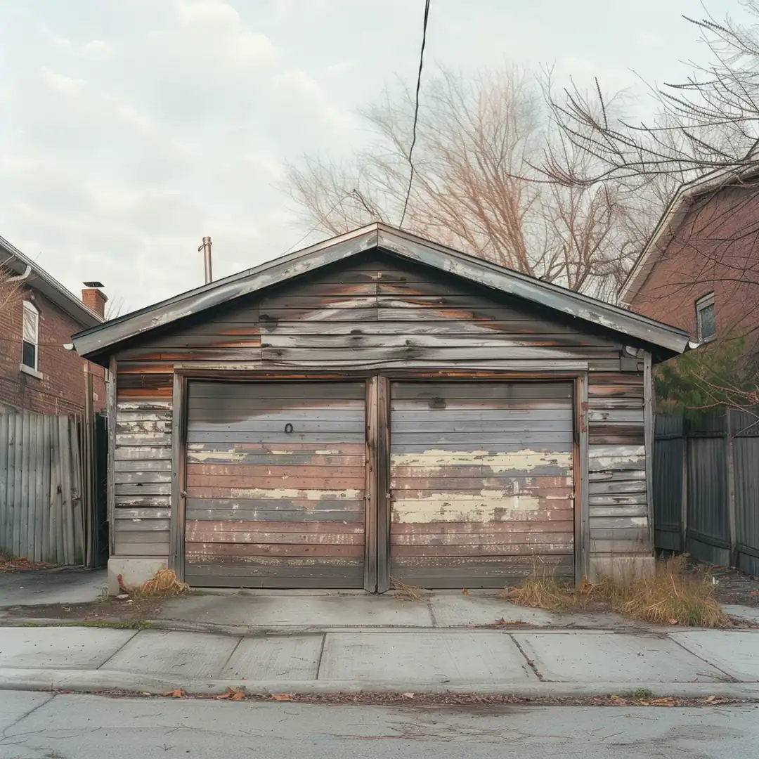 Old single-car wooden garage with a sagging roof and rotted doors on a Toronto laneway before demolition
