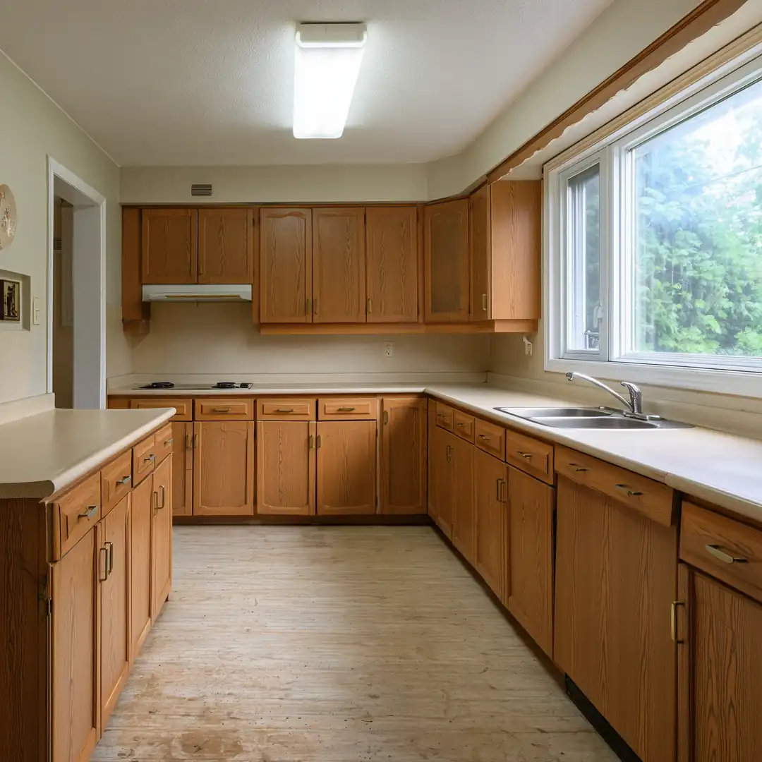 Dated Toronto kitchen with oak cabinets, laminate countertops, and worn vinyl flooring before renovation