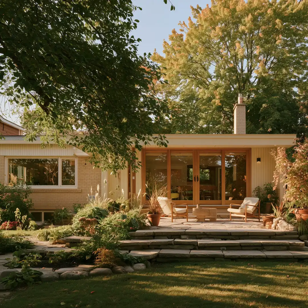 The same Toronto bungalow with a finished one-storey rear addition and patio doors to the yard