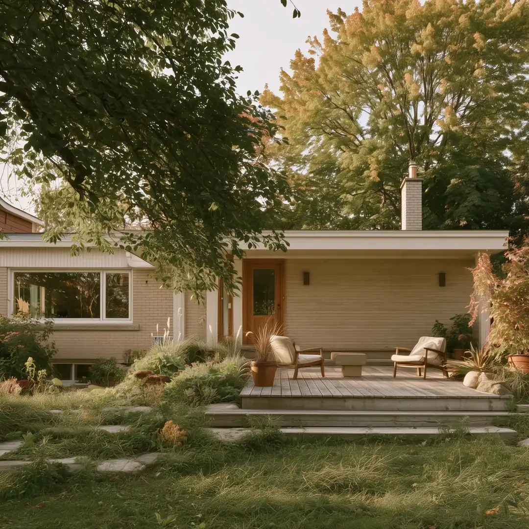 Back of a Toronto bungalow with an aging wooden deck before a rear home addition