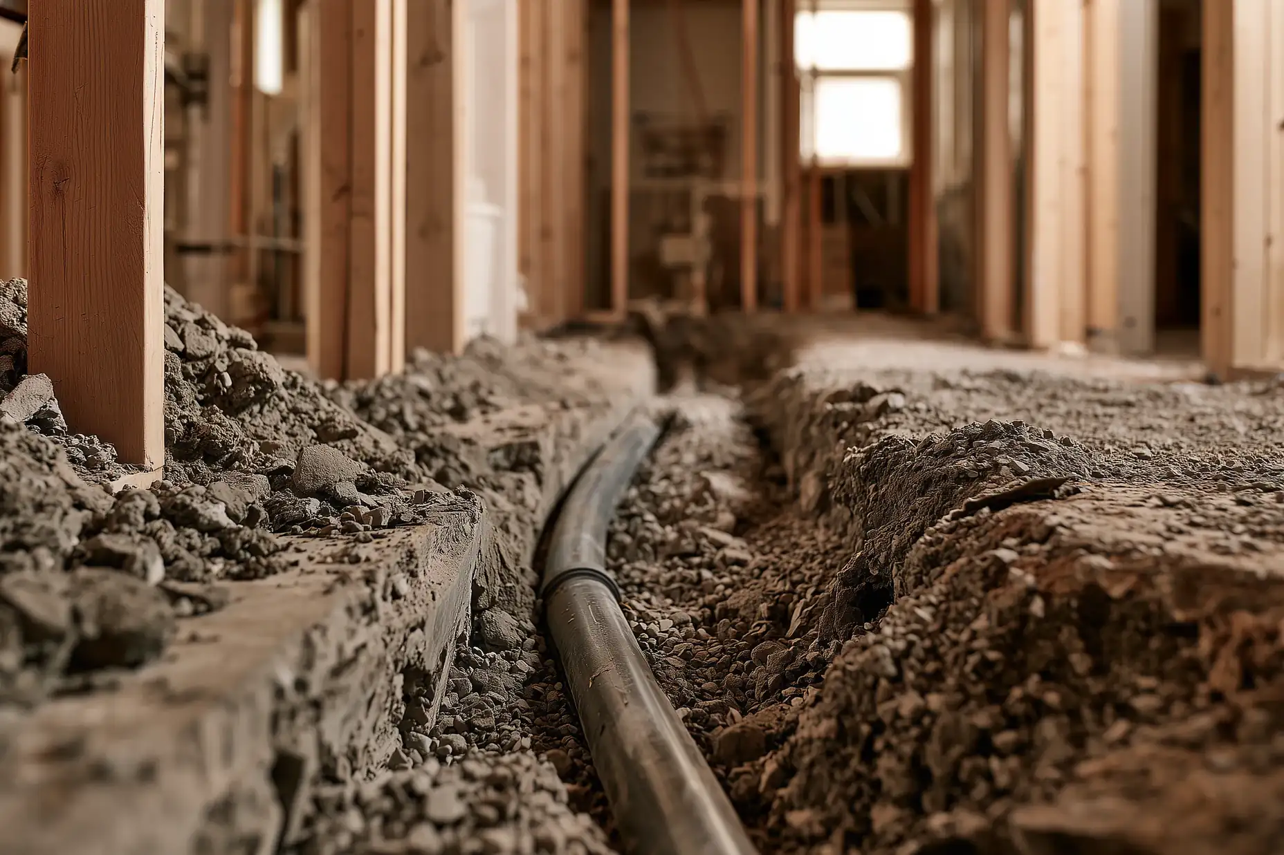 New bathroom drain lines in a trenched concrete floor during a Toronto basement renovation