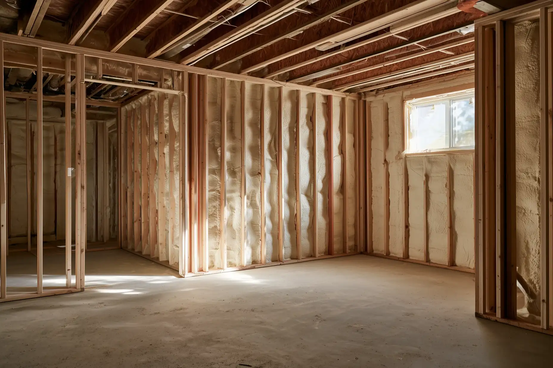 Wall framing over spray foam insulation on the foundation walls of a Toronto basement renovation