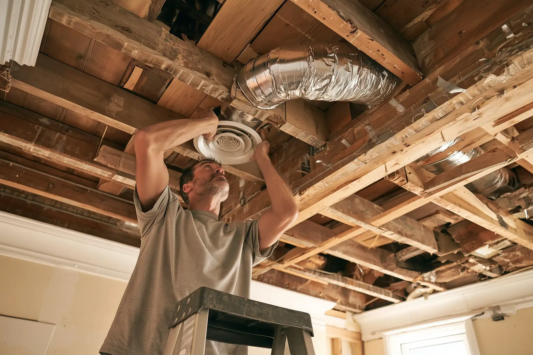 Contractor venting a new exhaust fan duct outside through an open ceiling in a Toronto bathroom renovation