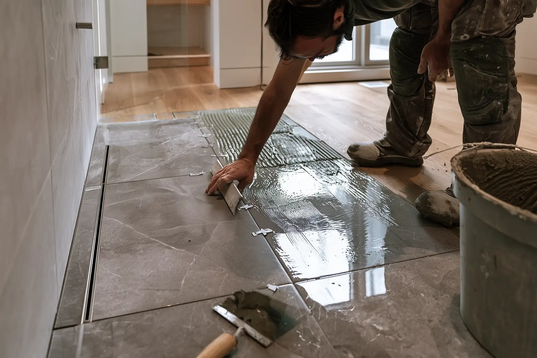 Tiler setting grey porcelain tile in a curbless walk-in shower during a Toronto bathroom renovation