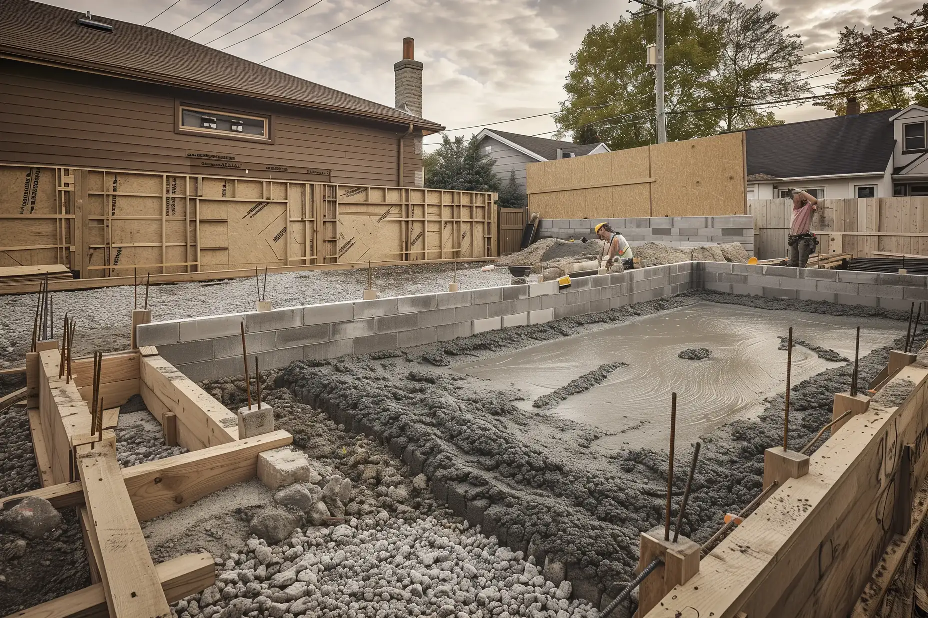 Concrete foundation walls on footings below the frost line for a two-car detached garage in a Toronto backyard