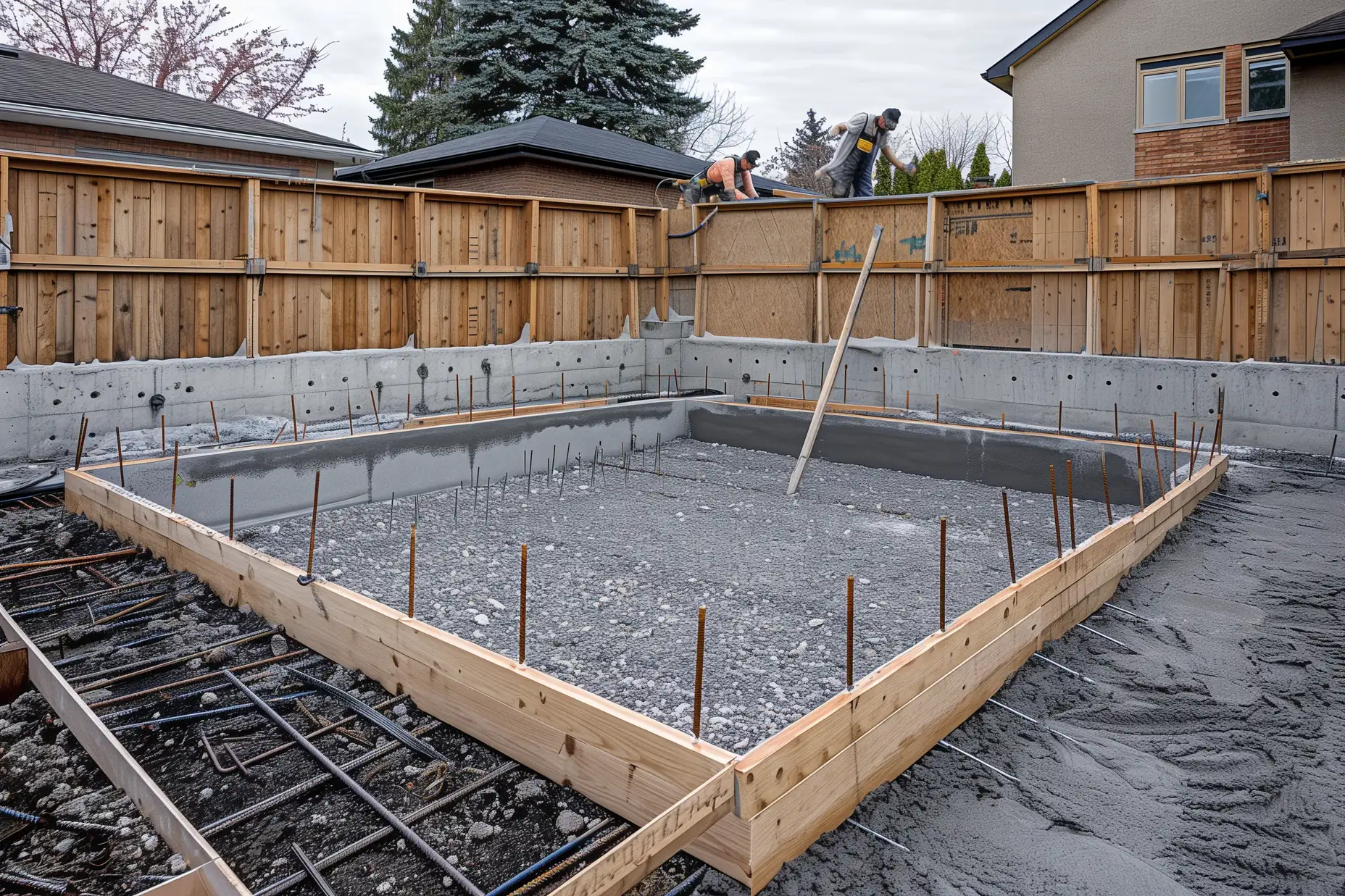 Carpenters setting roof trusses on the framed walls of a two-car detached garage in Toronto