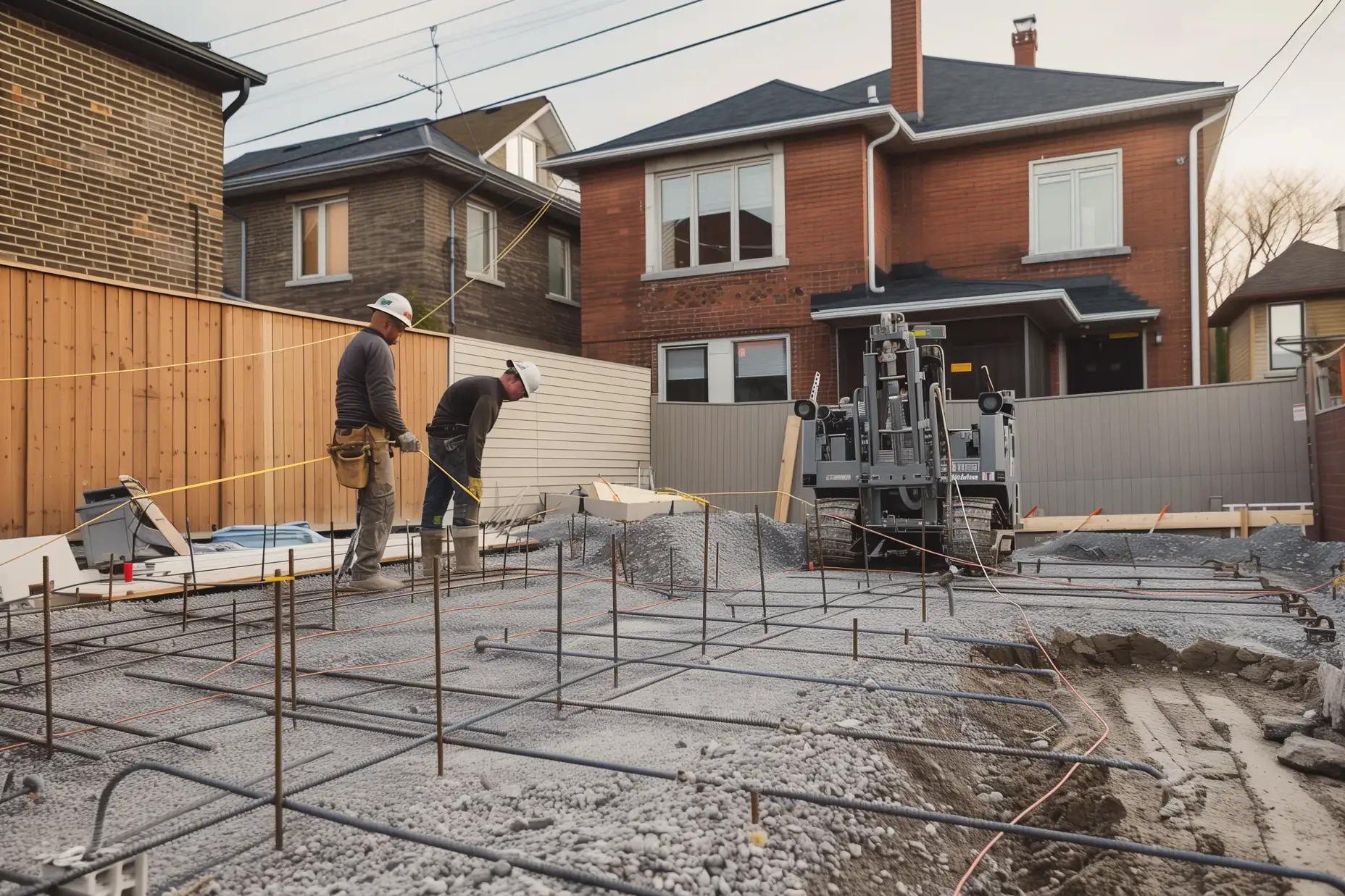 Crew installing helical piles for a garden suite foundation in a Toronto backyard