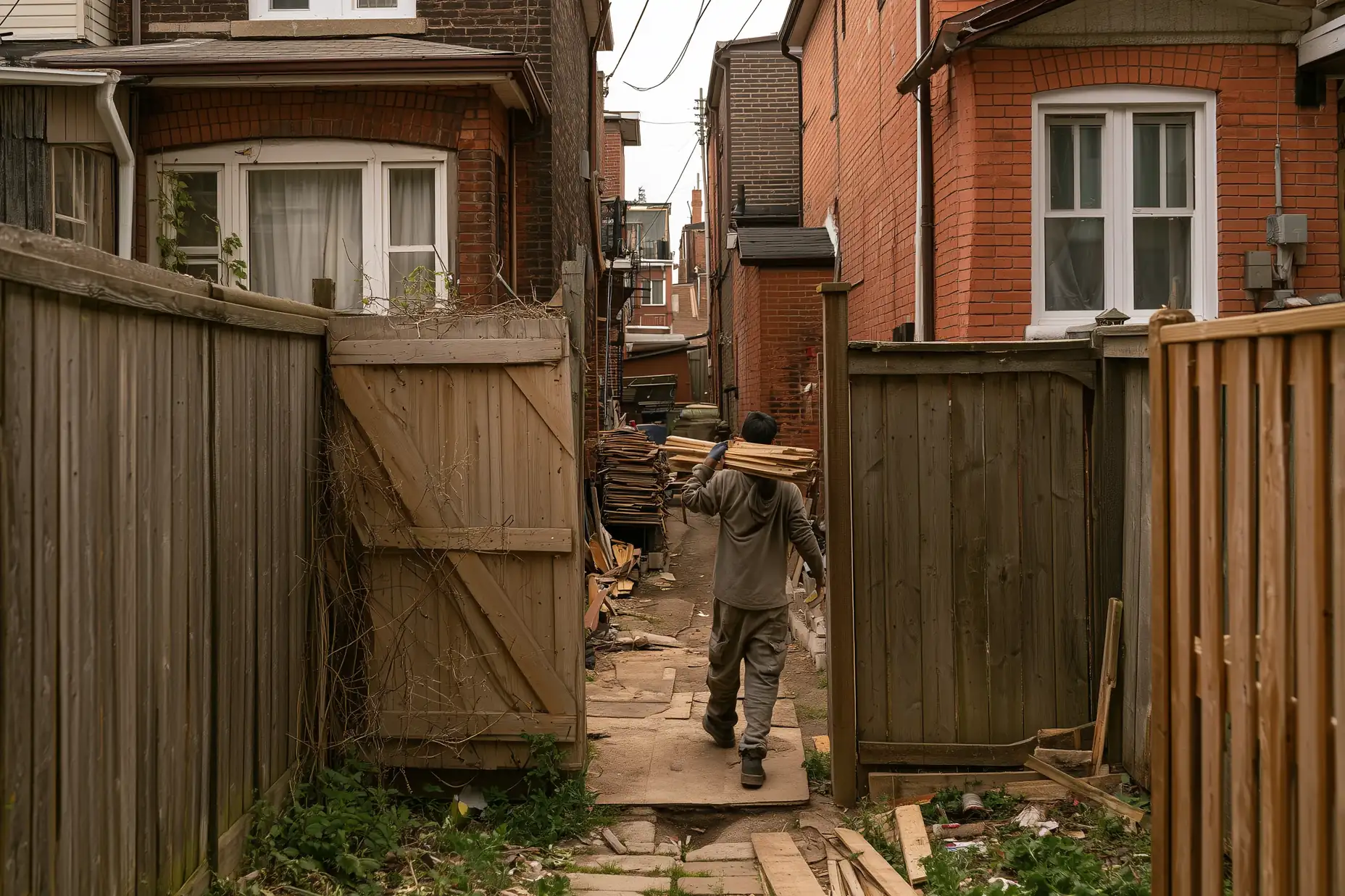 Worker carrying lumber through a narrow side yard to a home addition site behind a Toronto house