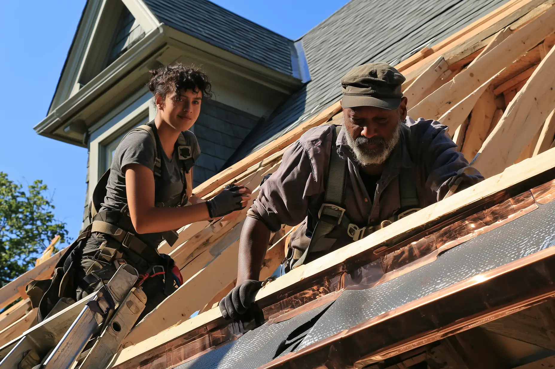 Carpenters framing an addition roof where it joins the existing roof of a Toronto semi-detached house