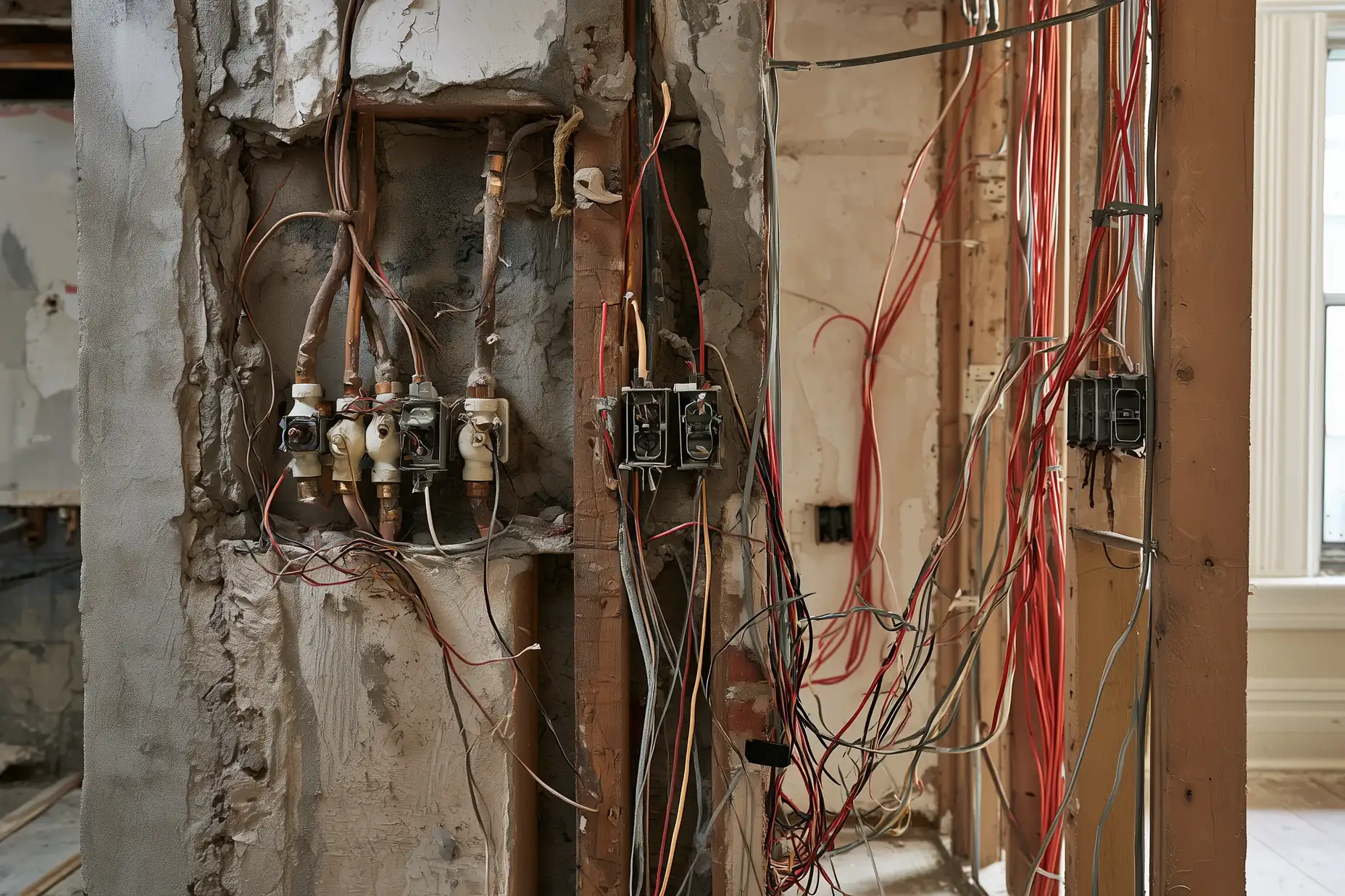Old knob-and-tube wiring beside new electrical cable in an open wall during a Toronto home renovation