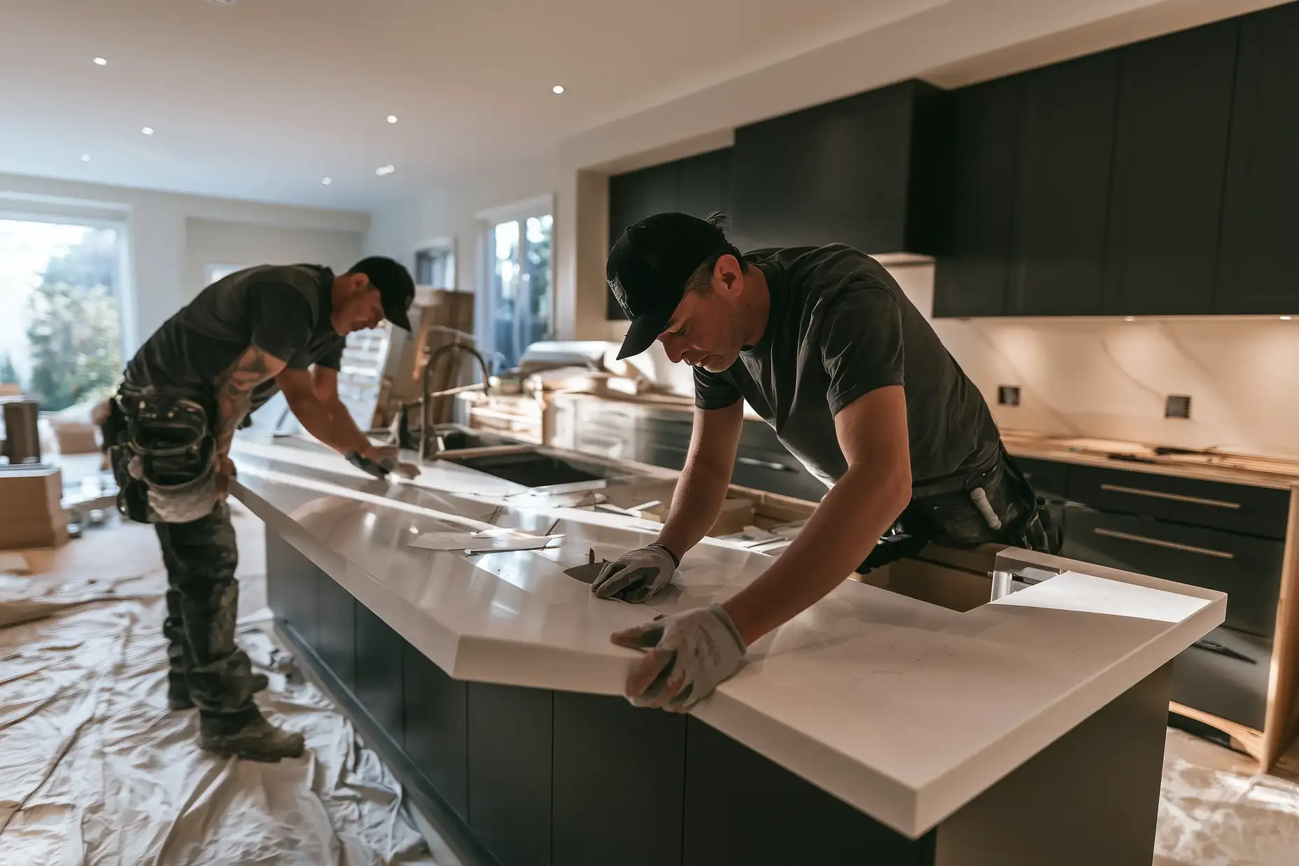 Installers setting a white quartz countertop on new charcoal cabinets during a Toronto kitchen renovation