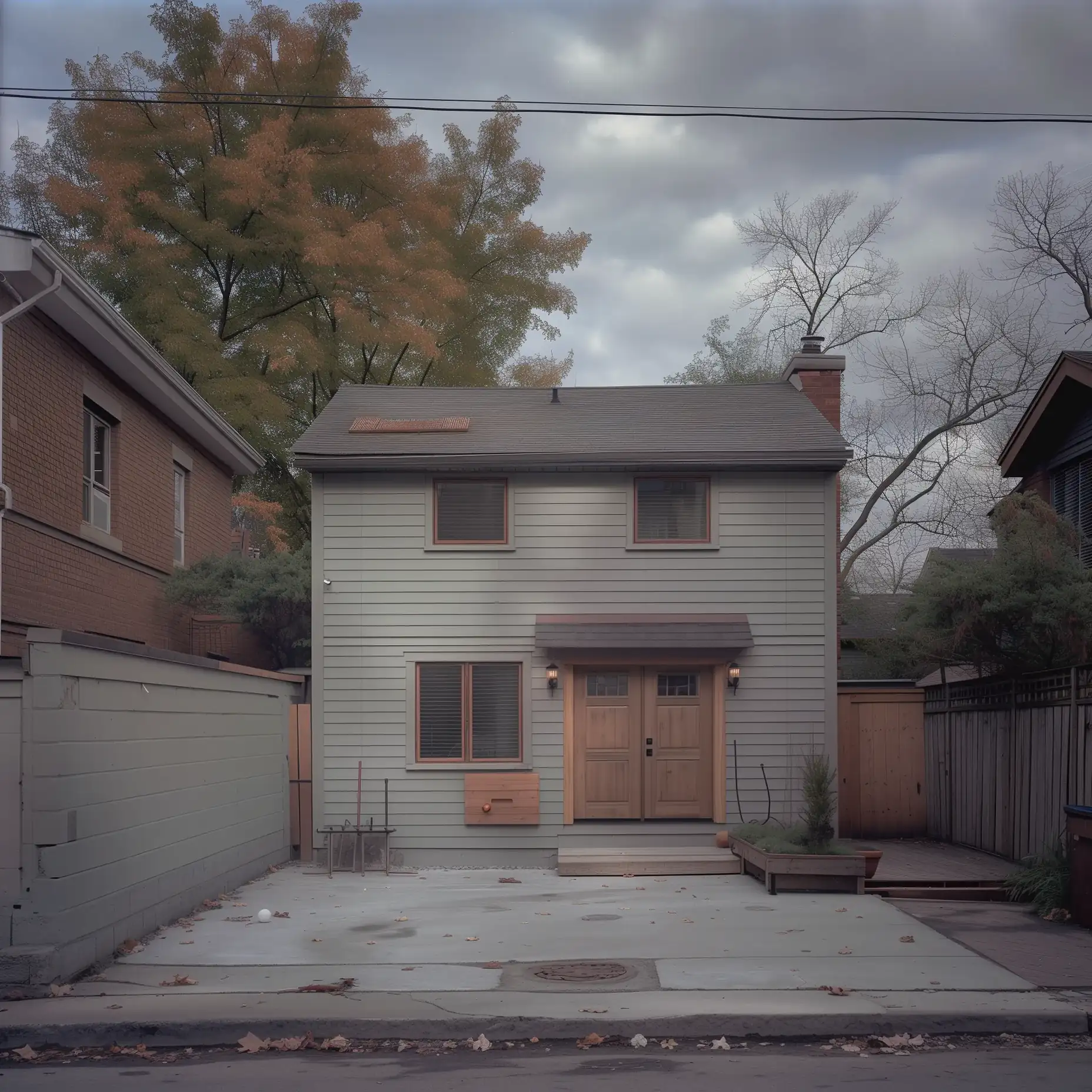 New two-storey laneway suite with grey siding and an oak front door on a concrete pad facing a Toronto lane