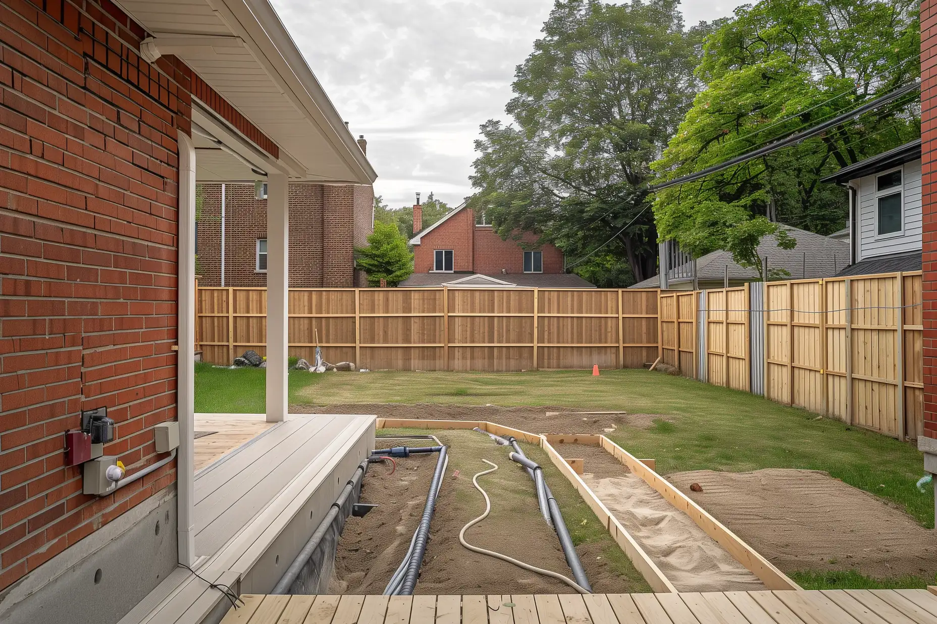 Trench carrying new water, sewer, and power lines across a Toronto backyard to a laneway suite build