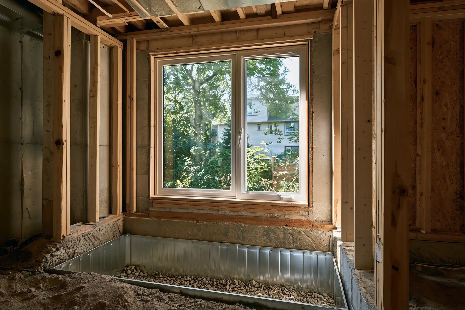 New bedroom egress window and window well cut into the foundation of a Toronto legal basement apartment