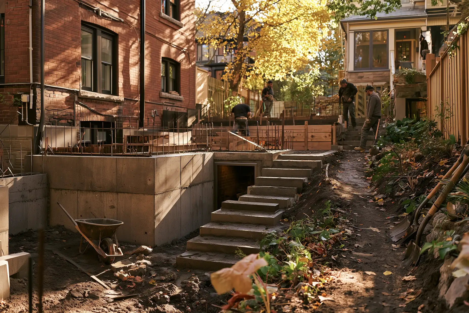 New side entrance stairwell dug beside a Toronto house to give a legal basement apartment its own door