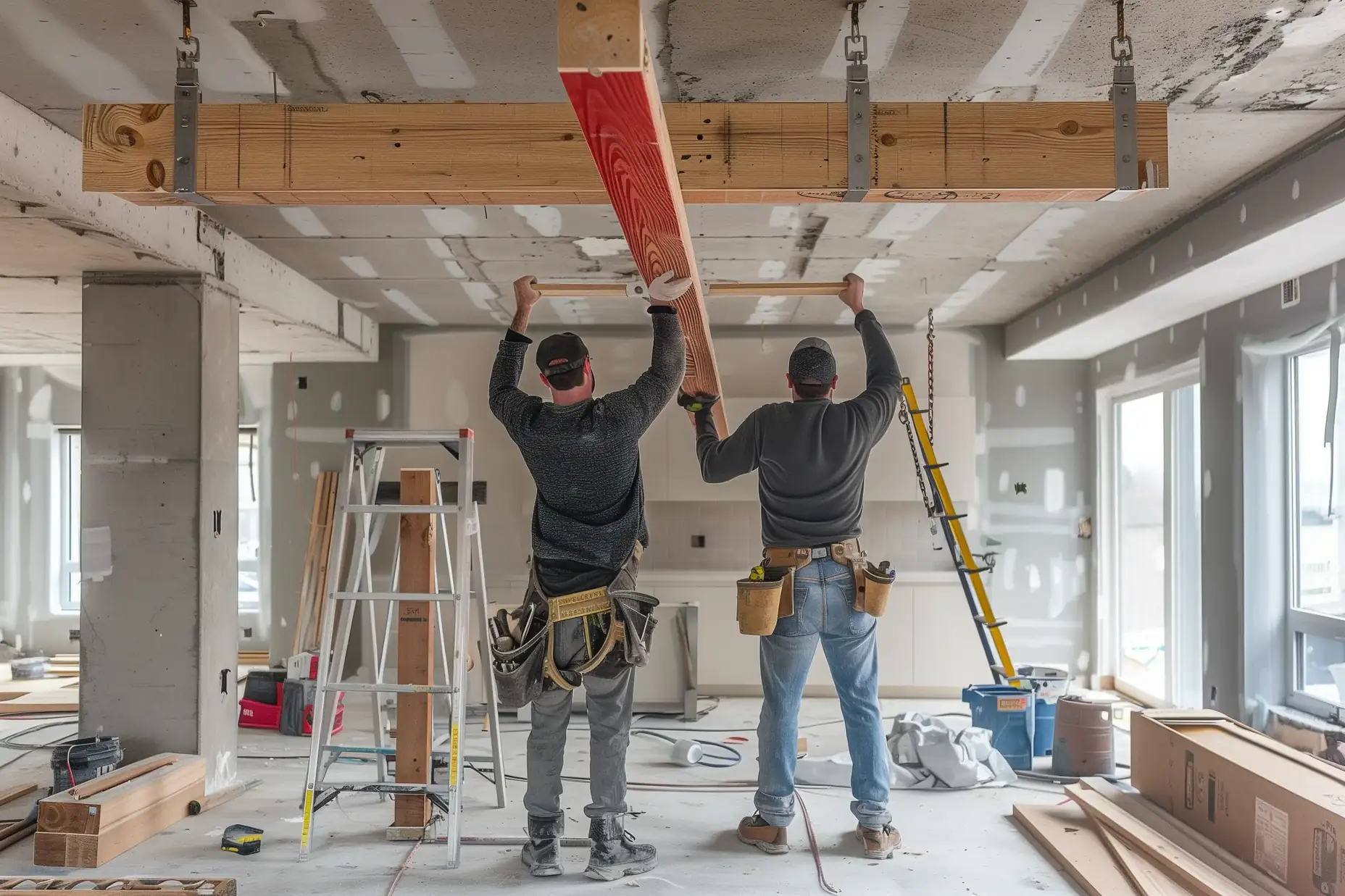 Crew setting a new beam with temporary supports after removing a load-bearing wall in a Toronto house