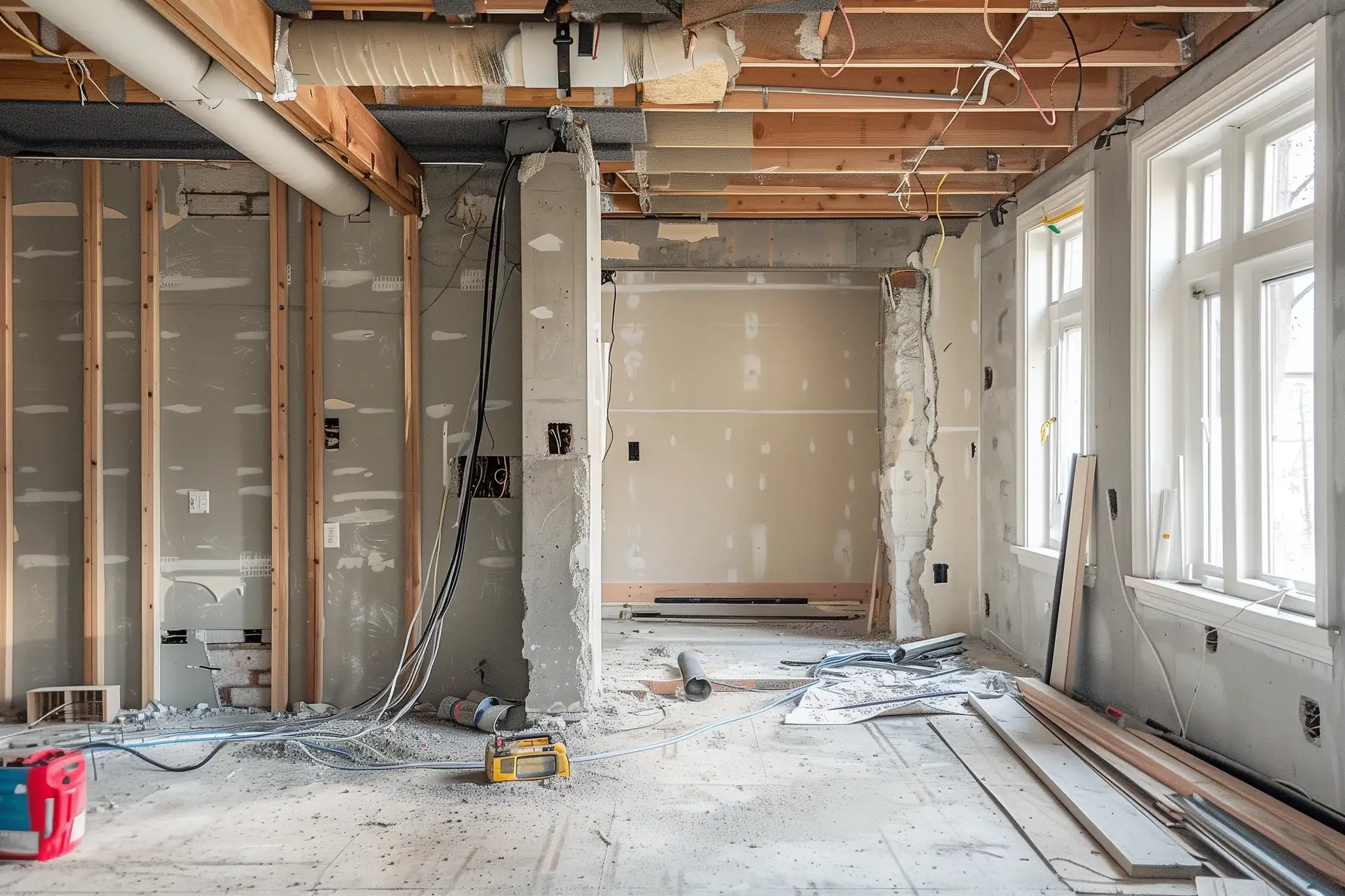 Heating duct and electrical wiring moved out of an opened load-bearing wall in a Toronto home