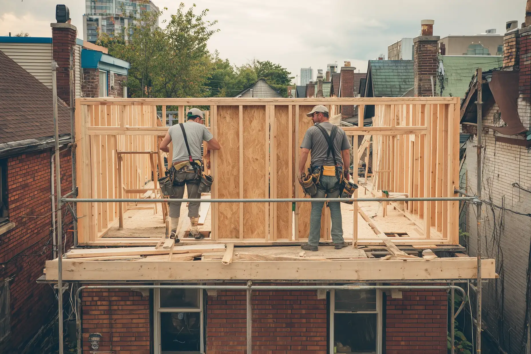 Framers building the walls of a second-storey addition on a Toronto bungalow