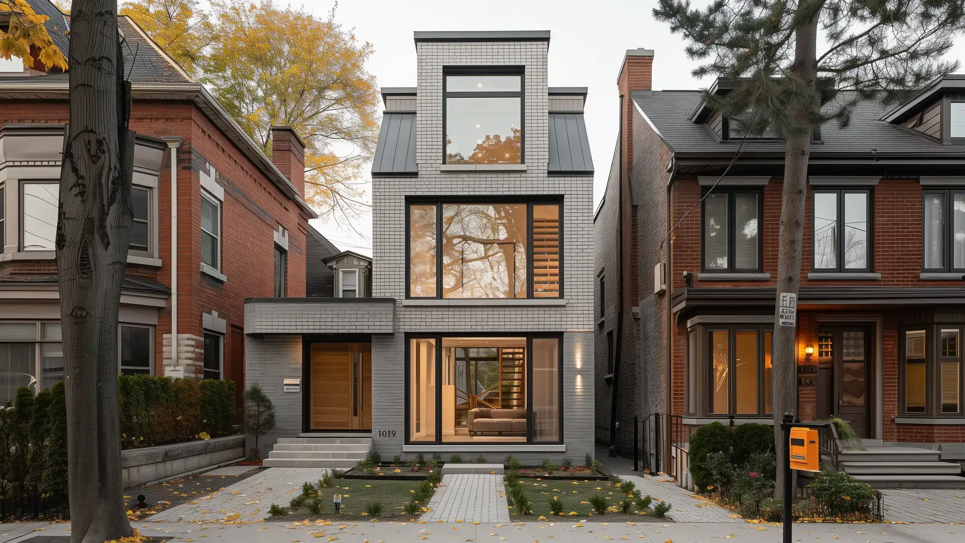 New two-storey custom home with a light grey brick exterior and large black-framed windows on a Toronto street
