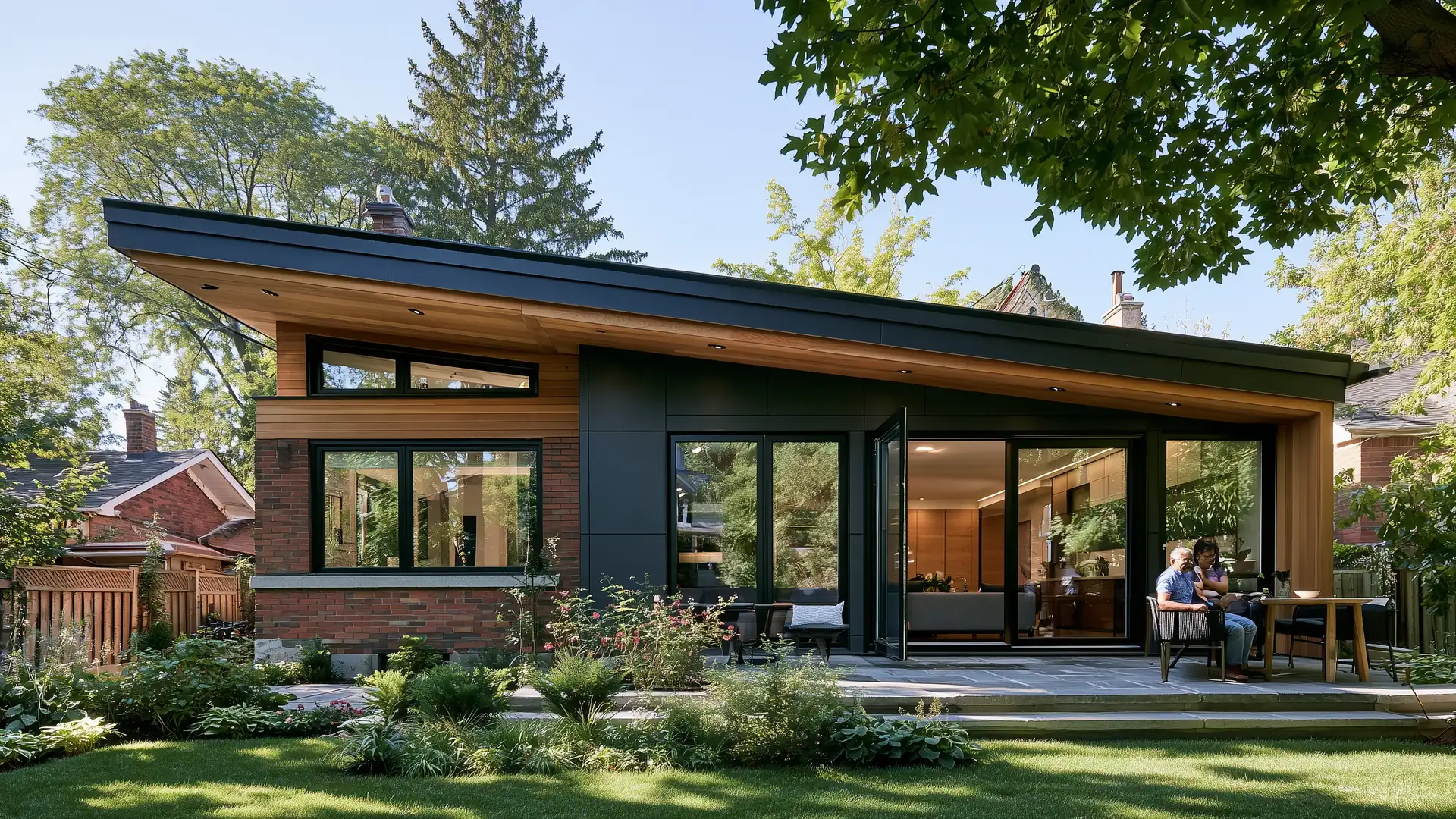 Finished one-storey rear home addition with large windows and patio doors on a Toronto brick house