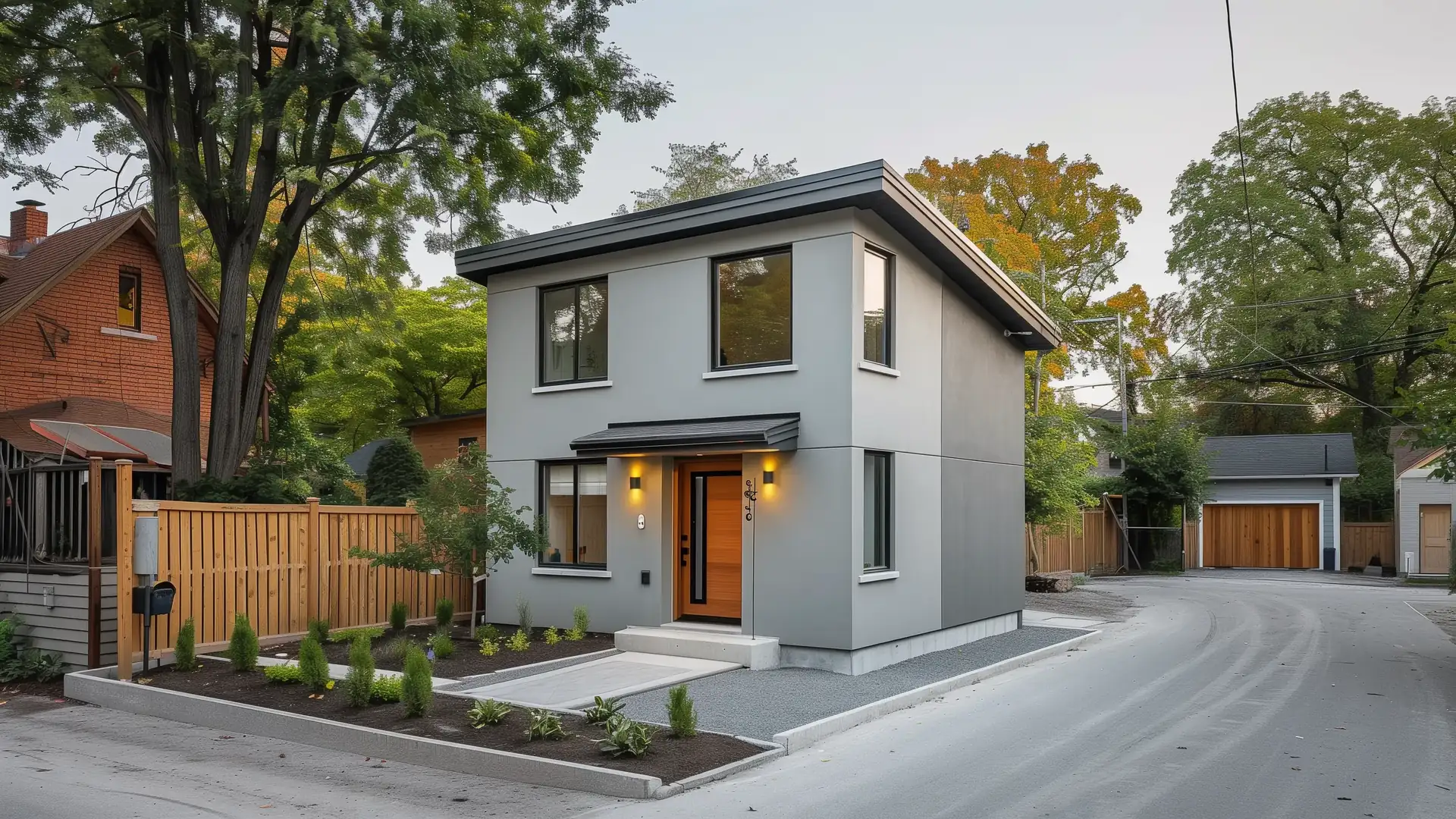New two-storey laneway suite with light grey siding and a warm oak front door facing a Toronto lane
