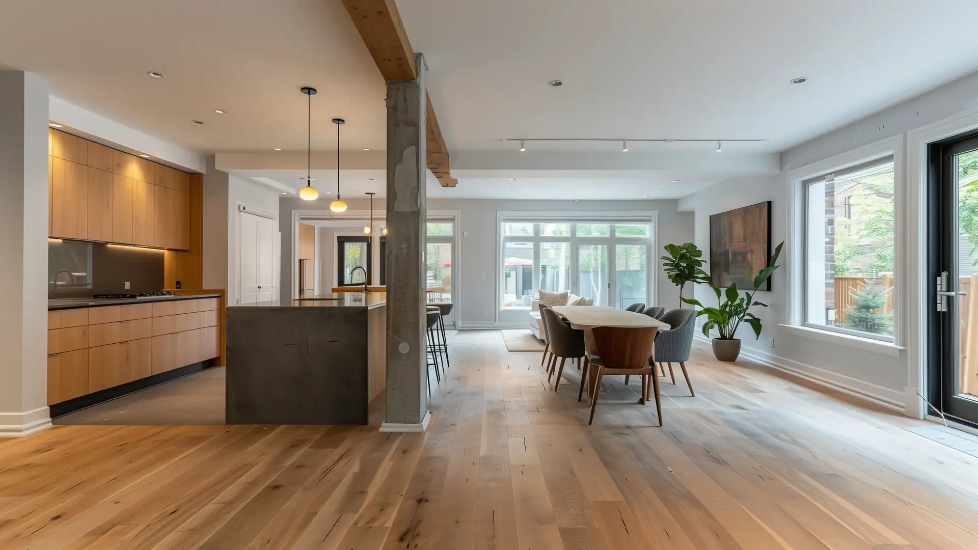 Open-concept Toronto main floor with a flush beam where a load-bearing wall between the kitchen and living room was removed