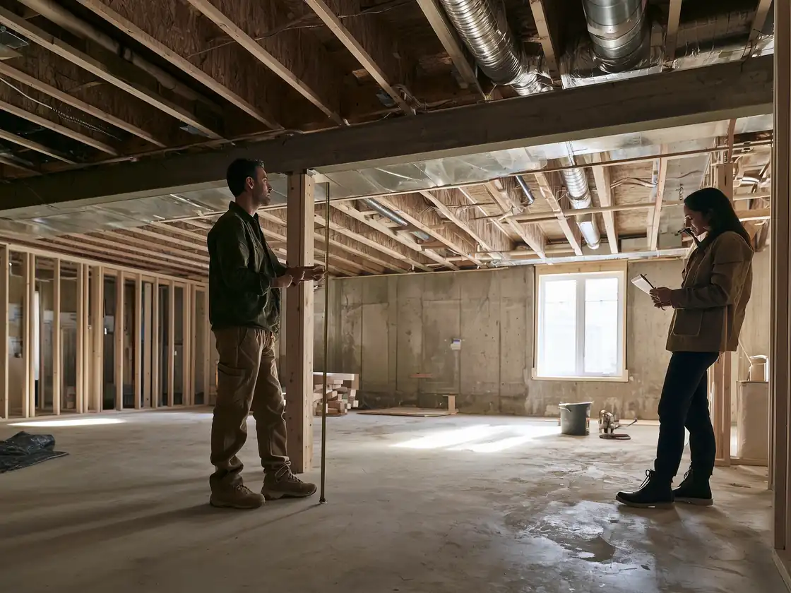 Contractor measuring ceiling height under the floor joists before a Toronto basement finishing final quote