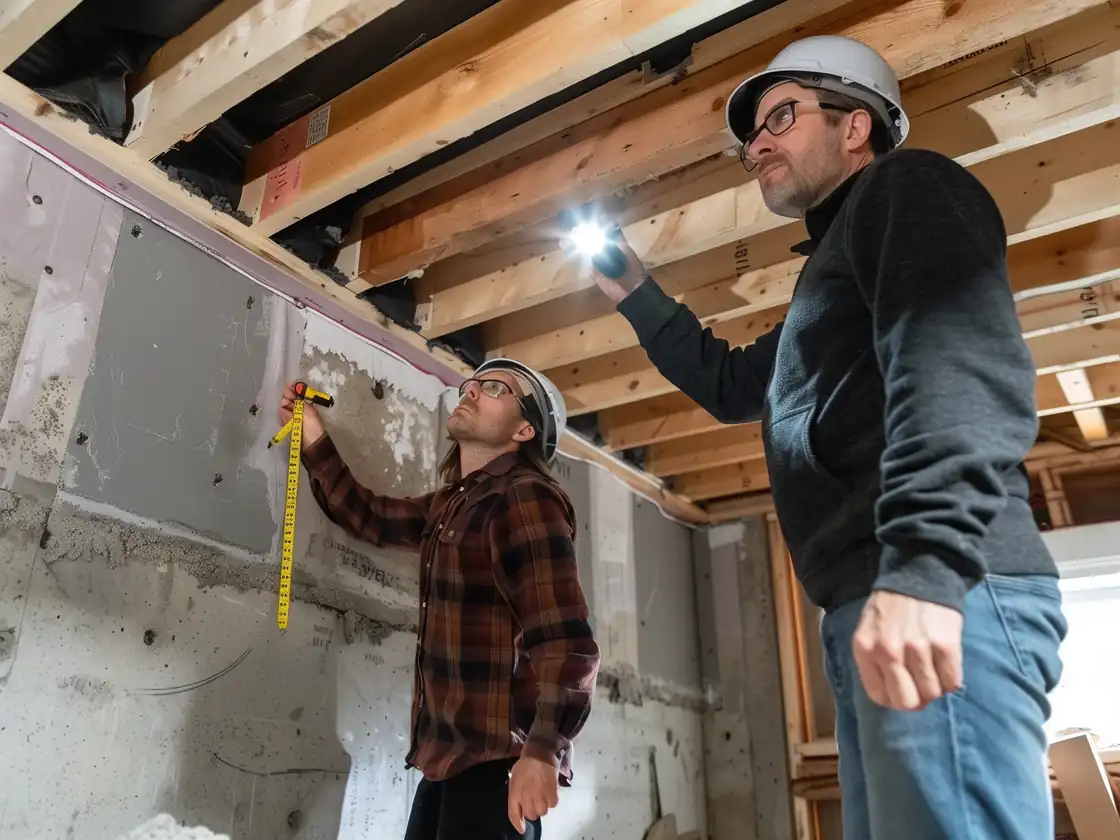 Engineer and contractor checking the framing above a load-bearing wall with the homeowner in a Toronto house
